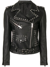 Women Silver Studded Leather Jacket Spiked Silver Color Studs Real Leather Black Leather Jacket #Handmade #Women #Leather #Jacket #Studwork